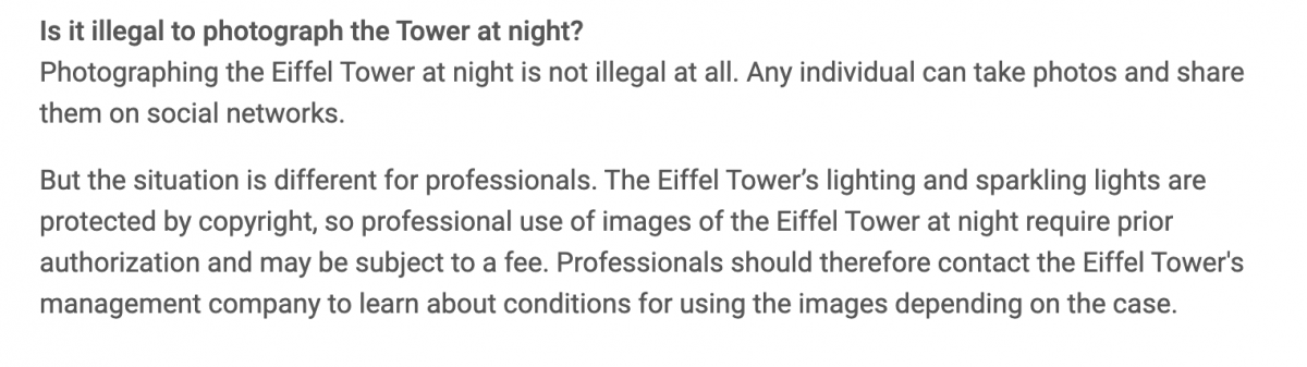 e ilegal tirar fotos a torre eiffel a noite